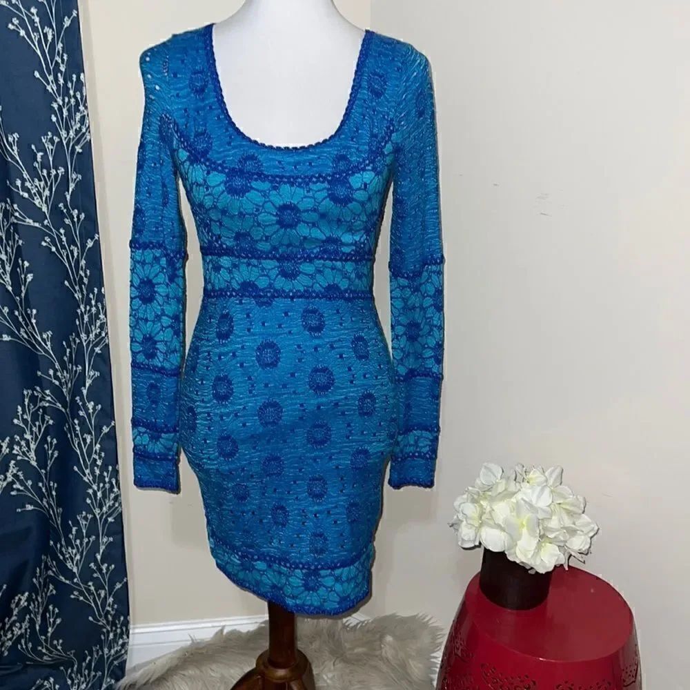 Free People Botanical Forest Long Sleeve Floral Bodycon Dress Blue Daisy sz XS